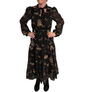 Express Black Gold Embroidered Midi Dress NWT Small Witchy Eventwear